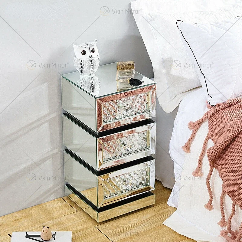 Light luxury modern mirror glass bedside tables, bedroom furniture, crystal finish bedside cabinets