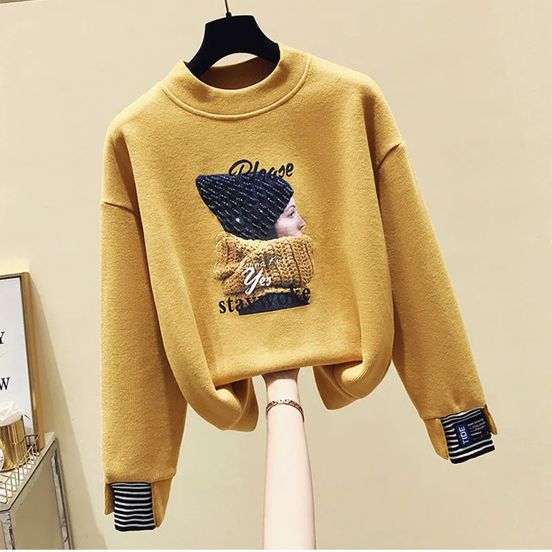 New Autumn and Winter Fashionable Lazy Style Patchwork Fake Two-piece Plush and Thick Round Neck Loose and Versatile Sweater