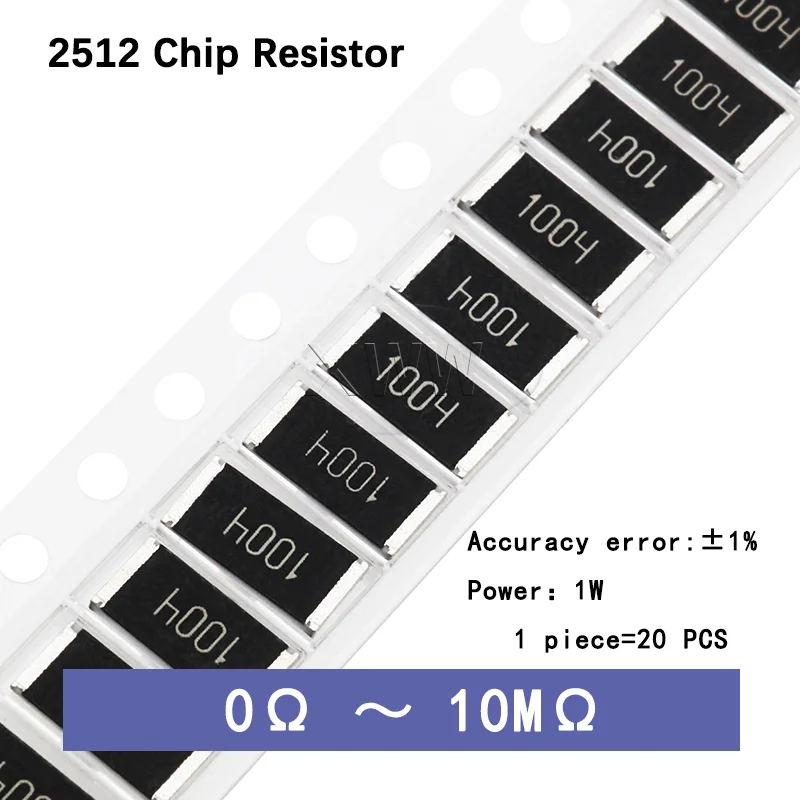 20PCS 2512 SMD Resistor 1% Tolerance 0Ω-10M10R 100R 1K 1.2K 2.2K 3.3K 4.7K 5.1K 10K 100K 1M Chip Resistor for Electronic Circuit