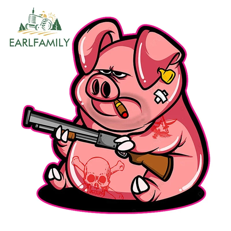 EARLFAMILY 13cm X 12.4cm For Pig Boss Cartoon Badass Gun Car Stickers Vinyl Car Wrap Simple Decals Creative Trunk Bumper Decor
