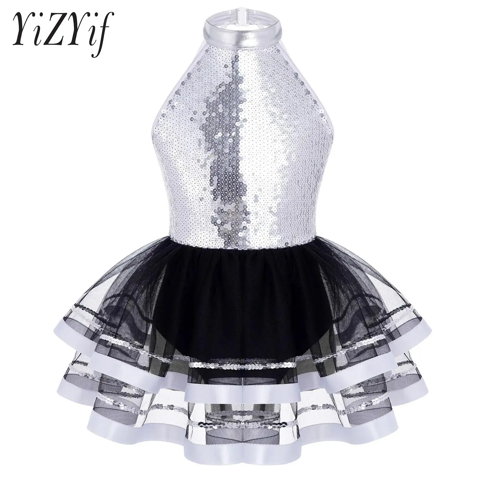 

Kids Girls Ballet Dance Dresses Bodysuits Sparkling Sequins Halter Sleeveless Hollow Back Mesh Tutu Skirt for Stylish Clothing