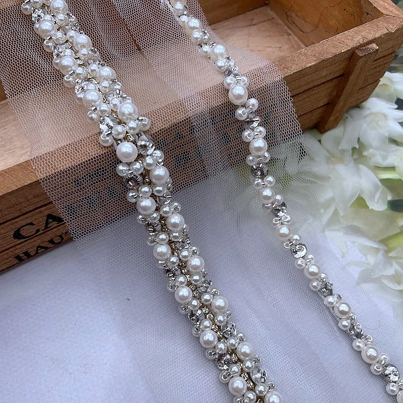 10Yards White Pearl Beaded Lace Trim Rhinestone Tape Decoration Lace Ribbon Crystal Appliques For Wedding Clothes Shoes Making