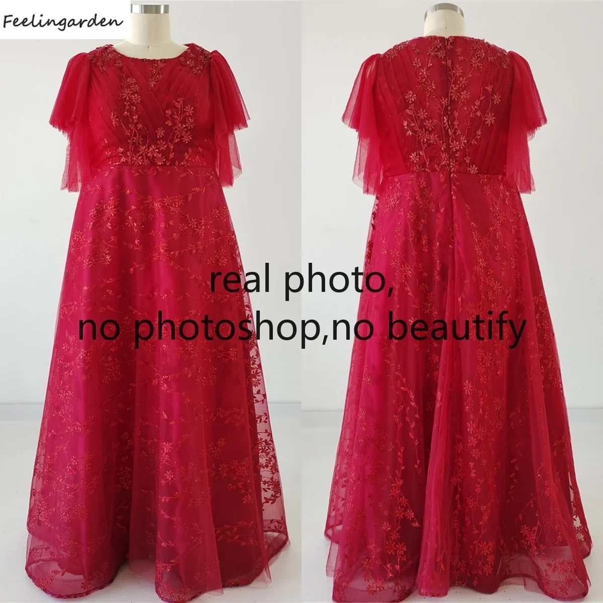 

Feelingarden Evening Dress Half Sleeves Plus size Real Photo O-Neck Red Tulle Pleat A-Line Floor Length Women Party Formal Gowns