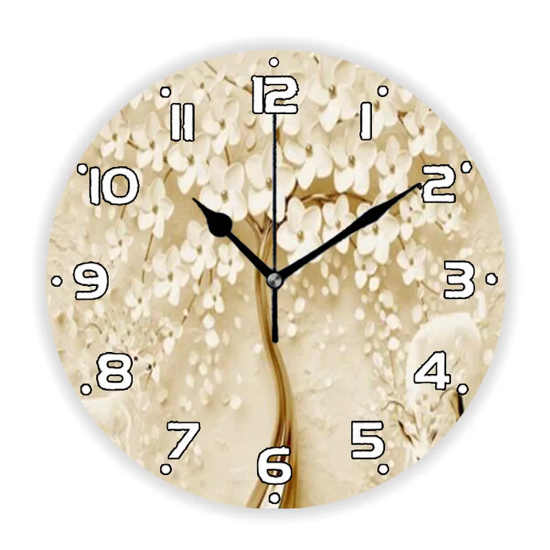 3D Beige Abstract White Gilded Flowers with Pearl Floral Wall Clock for Bedroom Elegant Magnolia Peony Wall Watch Wedding Decor