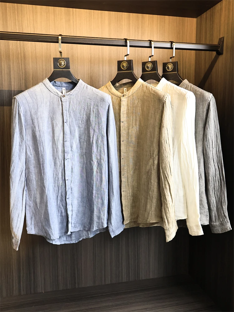 

Premium Feel! Precision Spun Linen! Autumn Men's Color Retro Button Collar Breathable Comfortable Long Sve irt Trendy