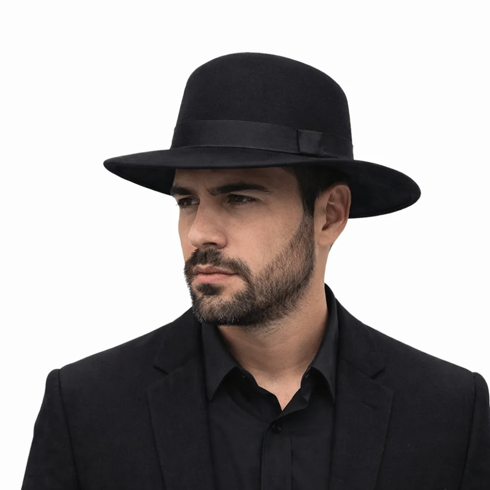 

All-match Solid Color Men's Felt Hat British Style Classic Woolen Flat Top Hat Elegant Big Brim Women Jazz Hat Winter