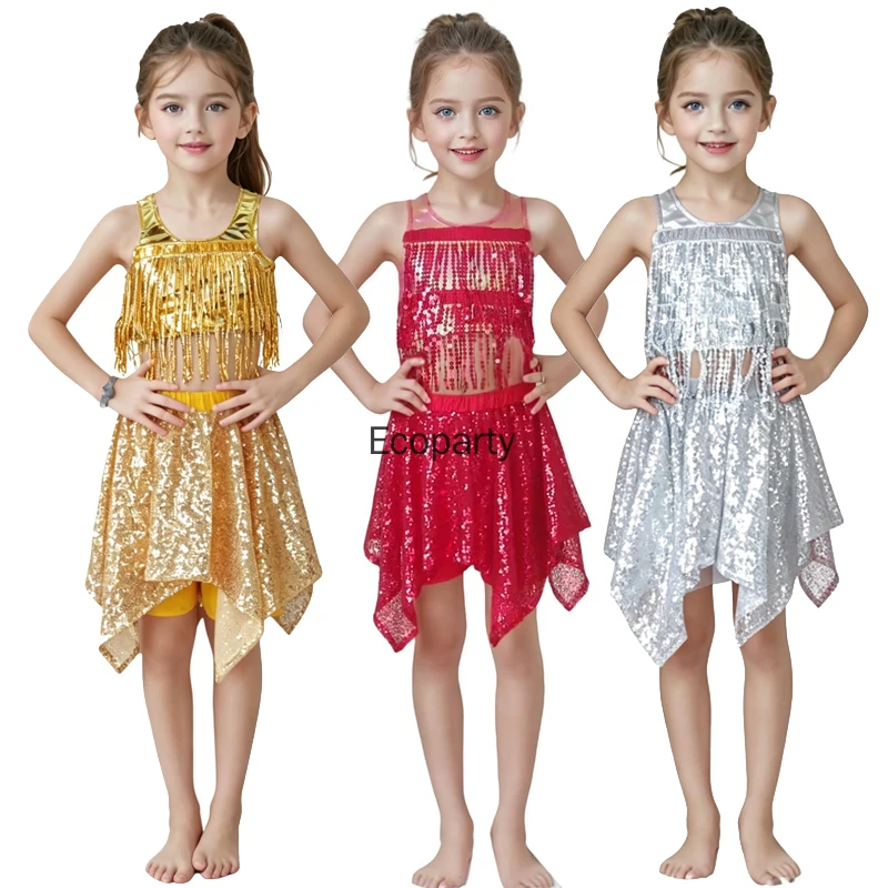 

2pcs Girls Shiny Sequins Latin Dance Costume Sleeveless Tassel Halter Top Irregular Skirts Kids Rumba Chacha Erformance Costume