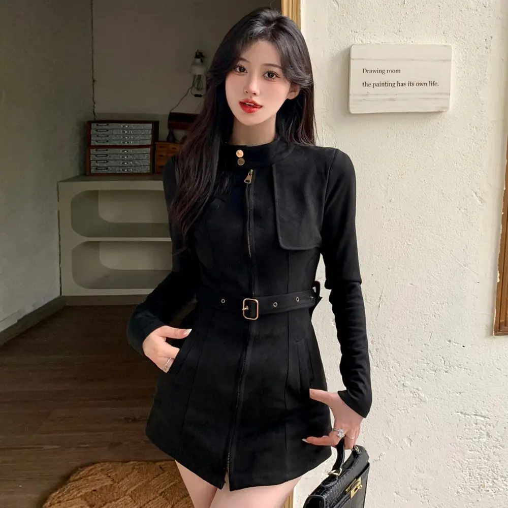 

Japanese And Korean Style College Style School Costume Vintage Mid-length Collar Slim Jacket Elegant Velvet Belt Waisted jk set