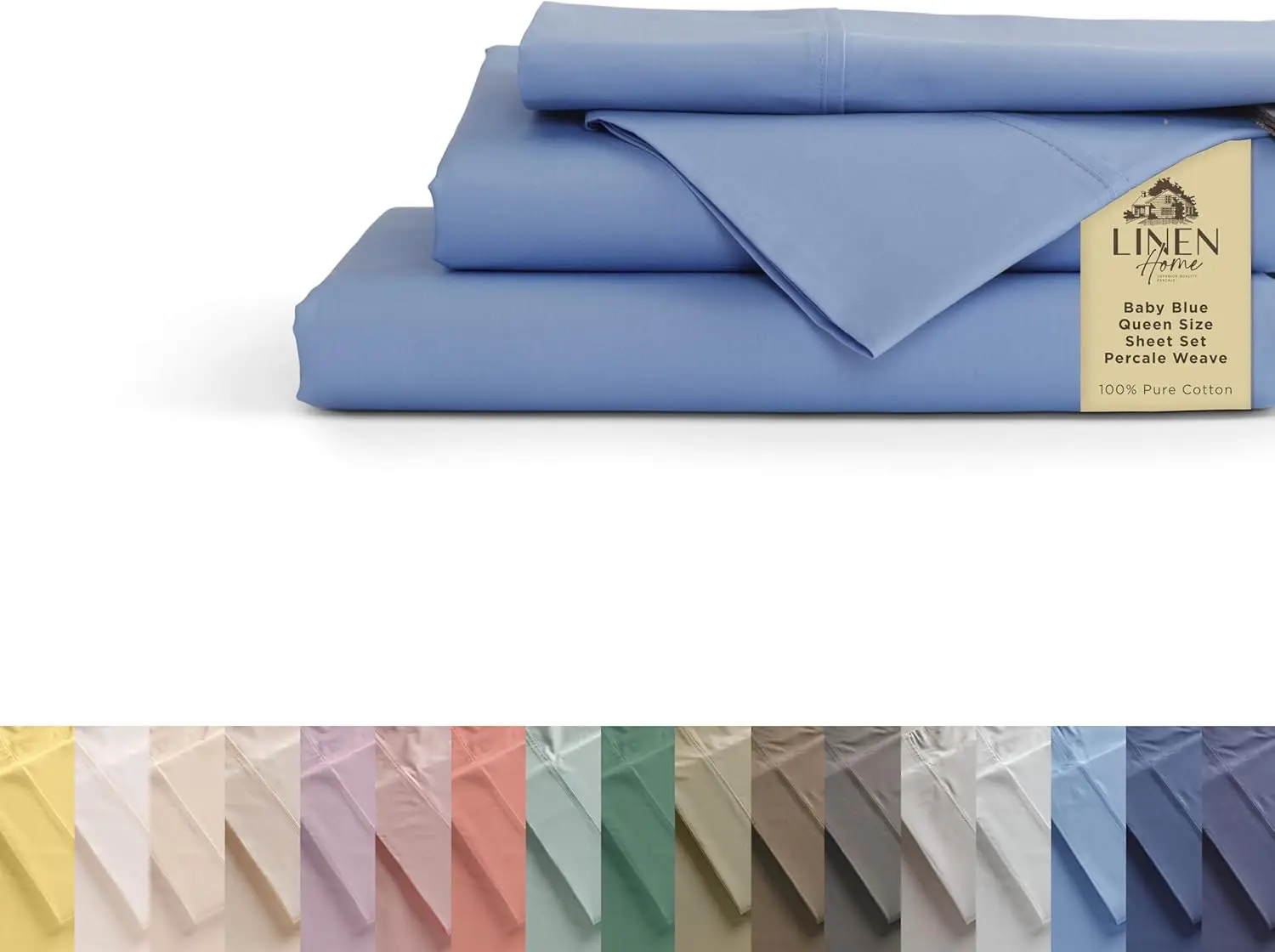 

100% Cotton Percale Sheets Queen Size, Baby Blue, Deep Pocket, 4 Pieces Set - 1 Flat, 1 Deep Pocket Fitted Sheet And 2