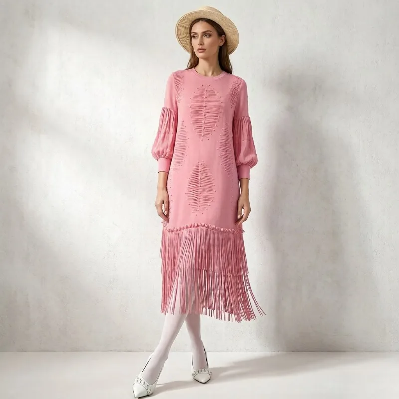 

Miyake Original Pleated Dresses Plisse 2026 Summer Plus Size Pleats Dress Fashion Beaded Loose Tassel Wrinkled Fold Long Dress