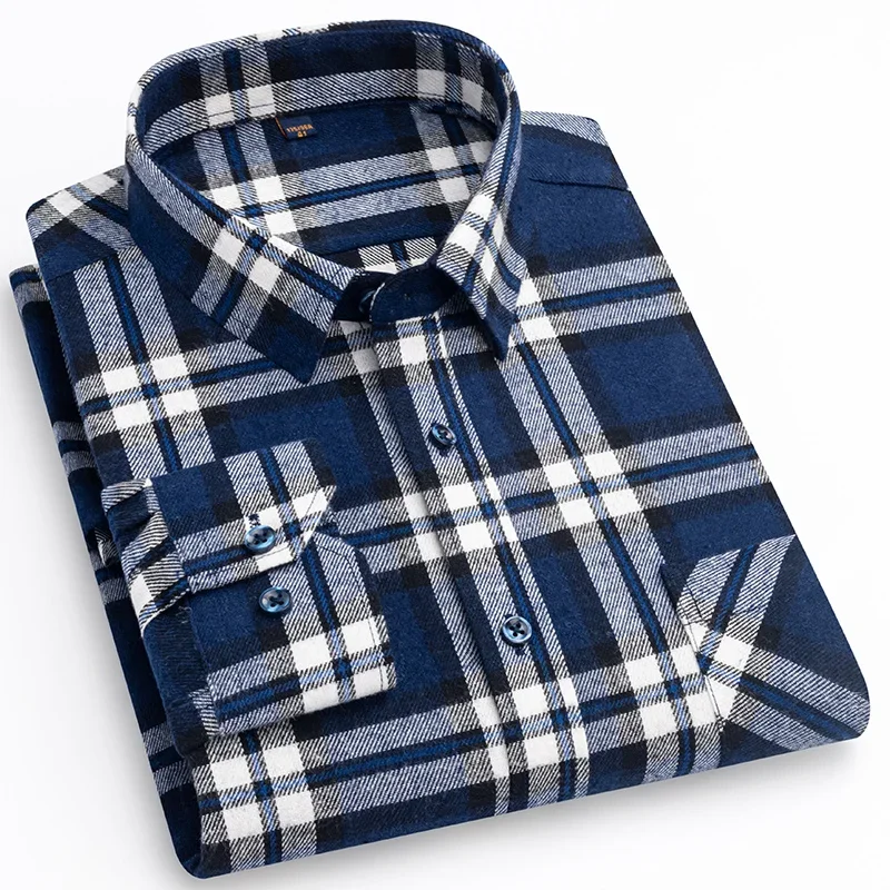 Mens 100% Cotton Brushed Long Sleeve Plaid Check Shirts Single Pocket Soft Comfortable Casual Fashion Standard Fit Button Shirts