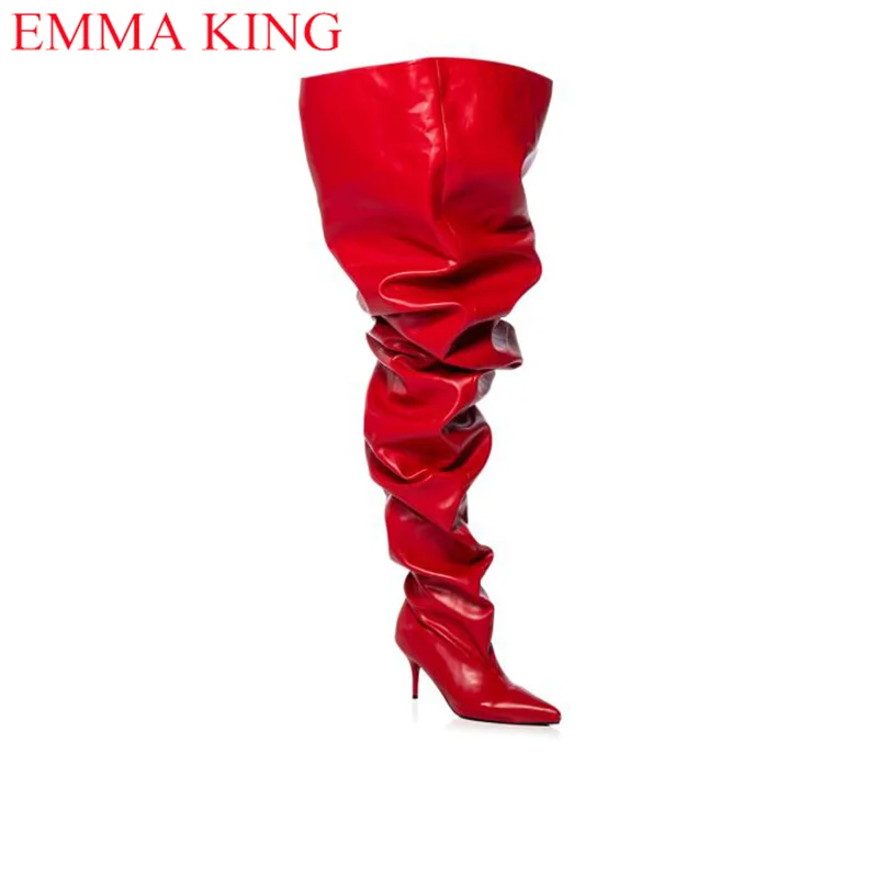 Fall Red Pleated Womens Thigh High Boots Sexy Ladies Party Shoes Over The Knee Boots 2023 High Heels Chaps Long Boots Woman 2023