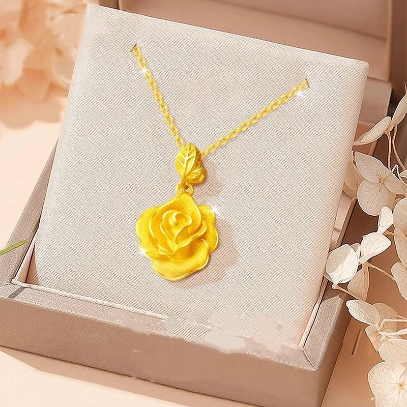 

Fashion AU750 18K gold rose necklace for women romantic retro gold 999 flower pendant collarbone chain girlfriend gift