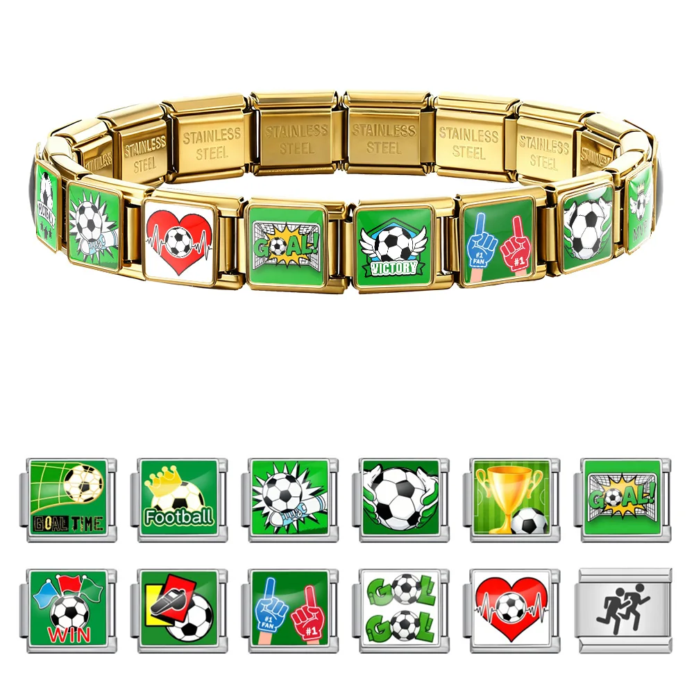 DIY Green Color Series Love Football Victory Italian Link Fit 9mm Bracelet Making Original Design Stainless Steel Charm Jewelry