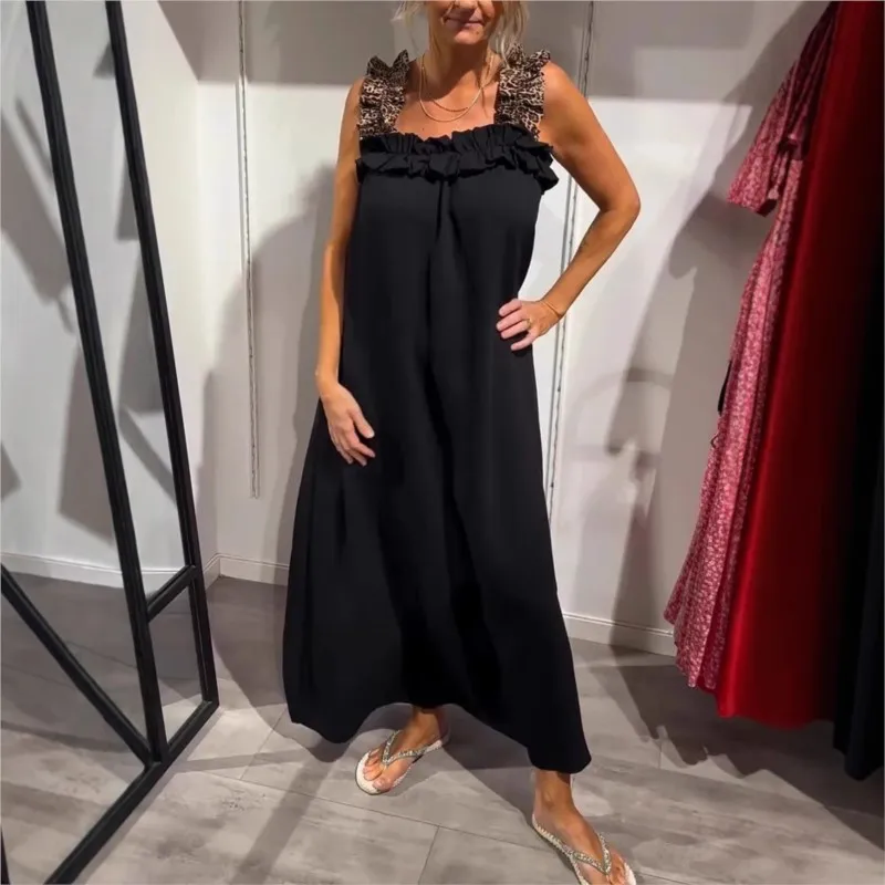 2025 Summer Boho Leopard Print Suspender dress Casual Pocket Long Skirt Loose A-line Large Hem Dresses Beach Party Robe Femme