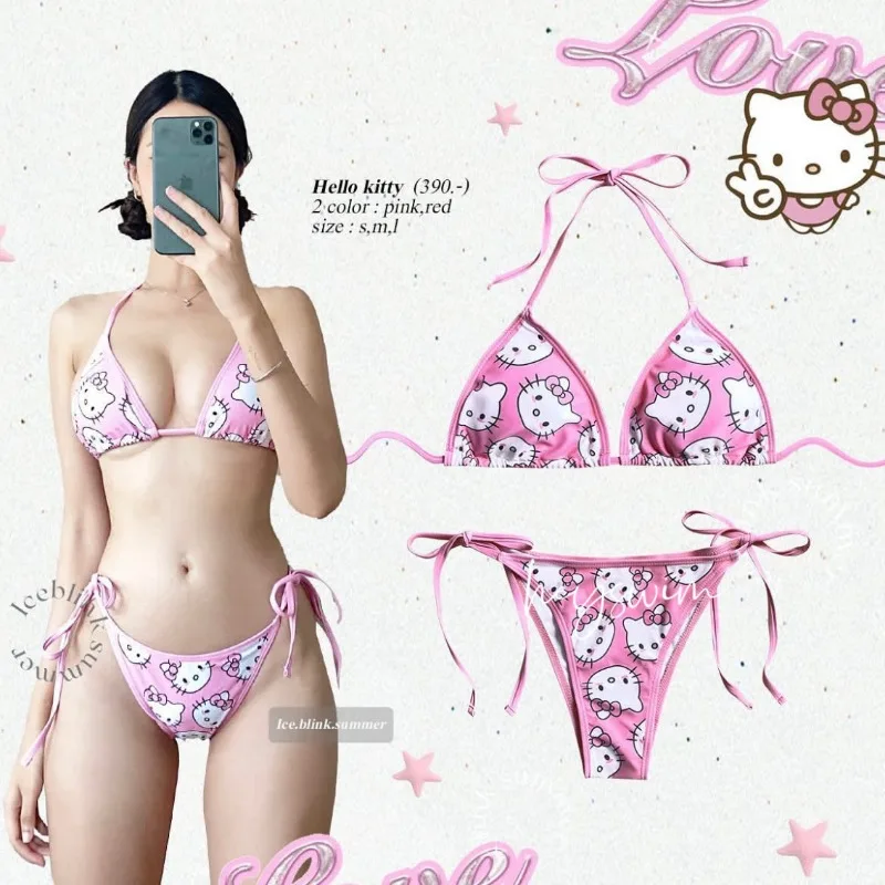 Sanrio Hello Kitty Sexy Women Swimwear Bikini Set Y2K Summer Beach Soft Side Strappy Panties Wire Free Bra Underwear Set Gifts