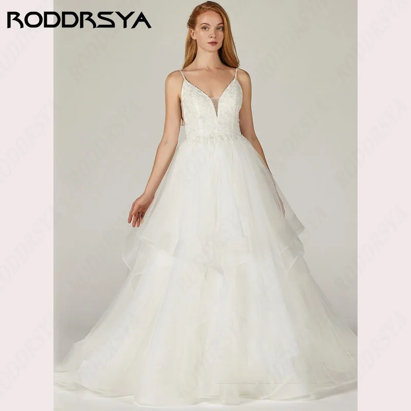 RODDRSYA Luxury Lace V-Neck Wedding Dresses Tiered Tulle Elegant A-line brautkleider glitzer Gorgeous Spaghetti Straps 2024