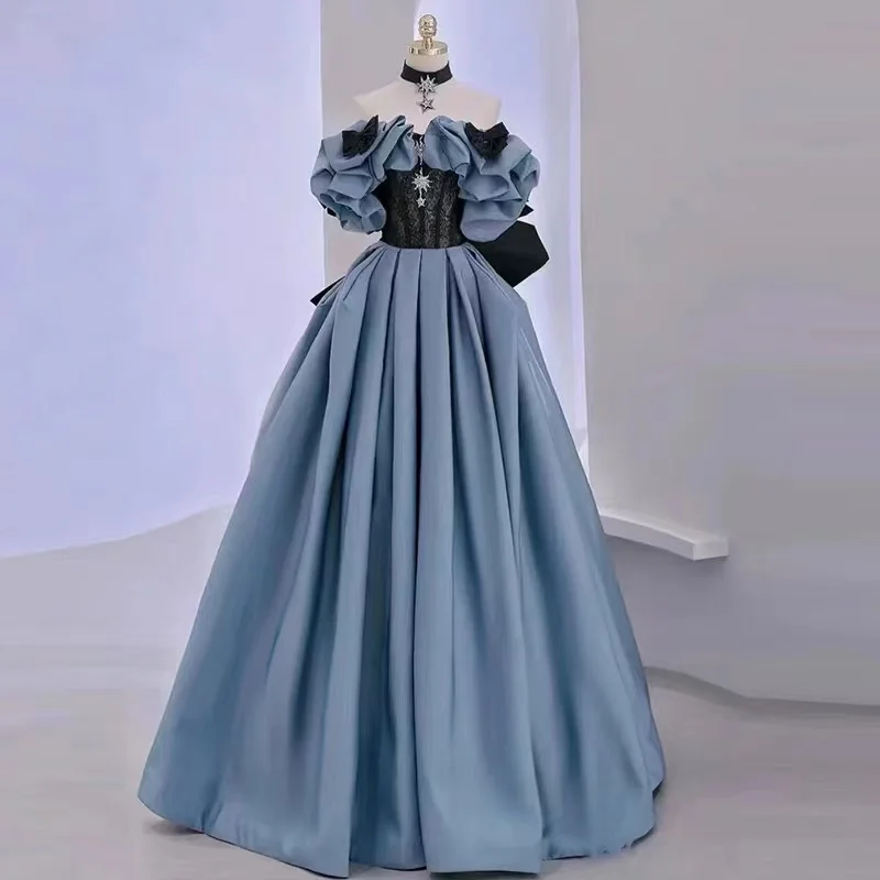 

Elegant Satin Banquet Evening Dress Annual Meeting Boat Neck Covering Flesh Princess Dresses Puff Sleeve Ball Gown for Women