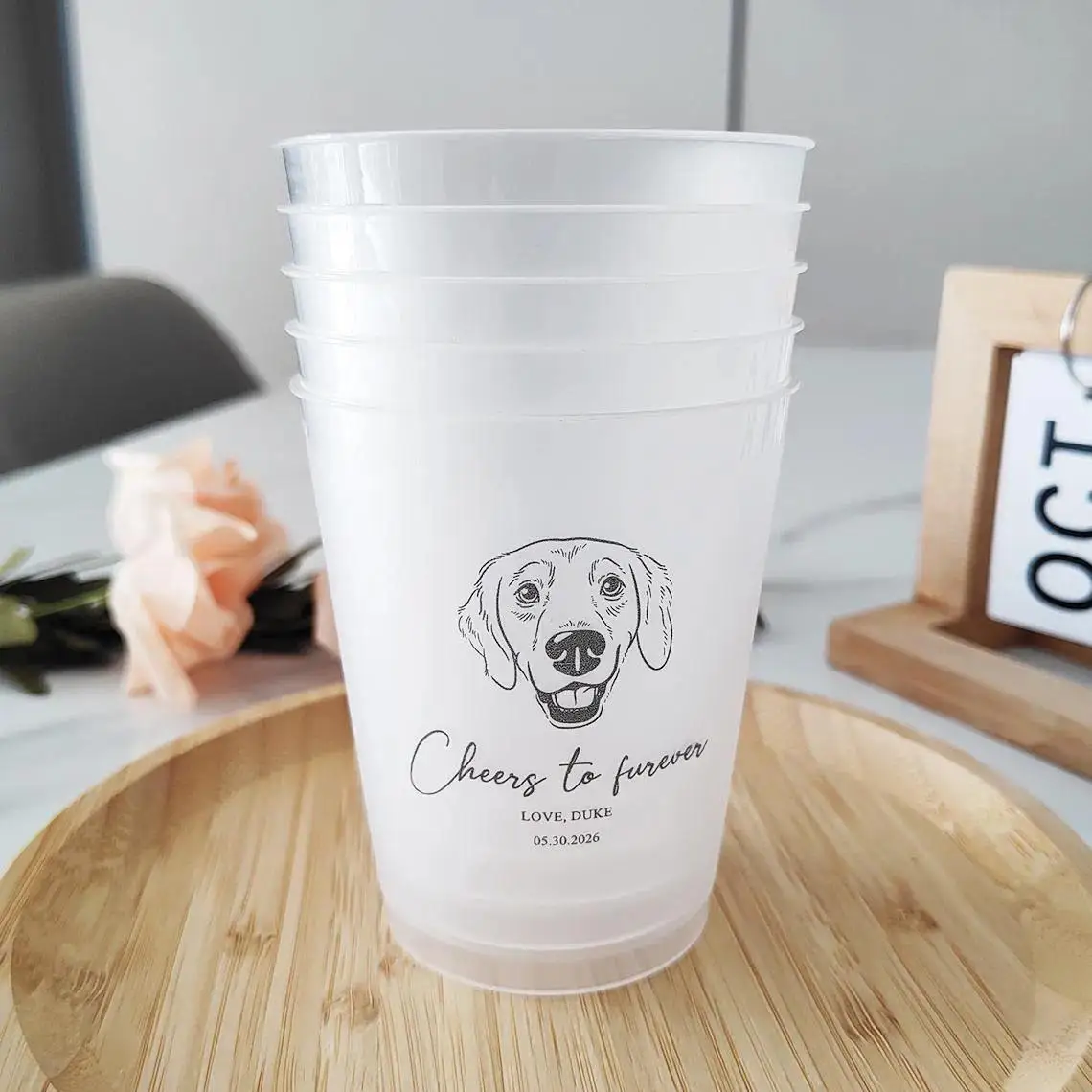 Custom Dog Cat Portrait Frosted Plastic Party Cups, Personalized Pet Image Reusable Drinking Cups for Birthday Wedding Family.