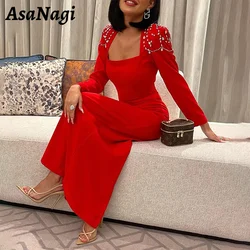 AsaNagi Crystal Red Mermaid Prom Dress customized Square Neck Long Sleeve Party Evening Gown Back Slit Special Occasion Dresses