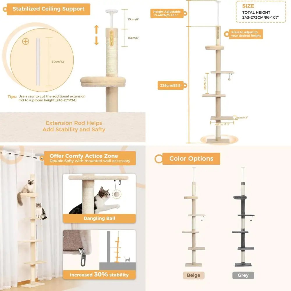 

5-уровневая регулируемая лежанка-когтеточка для кошек: 95-107 дюймов в высоту, с когтеточкой, лежанкой и интерактивной игрушкой для домашних кошек