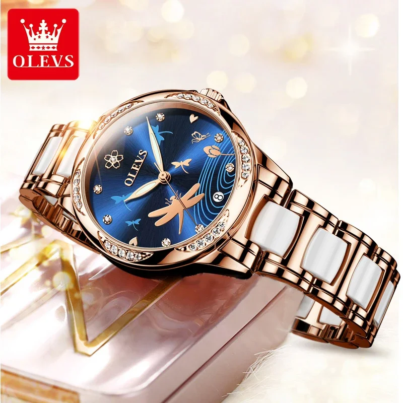 OLEVS-6610 Women\'s Ceramic Mechanical Watches Automatic Luxury 30m Waterproof Luminous Wrist Watches Dragonfly Watch