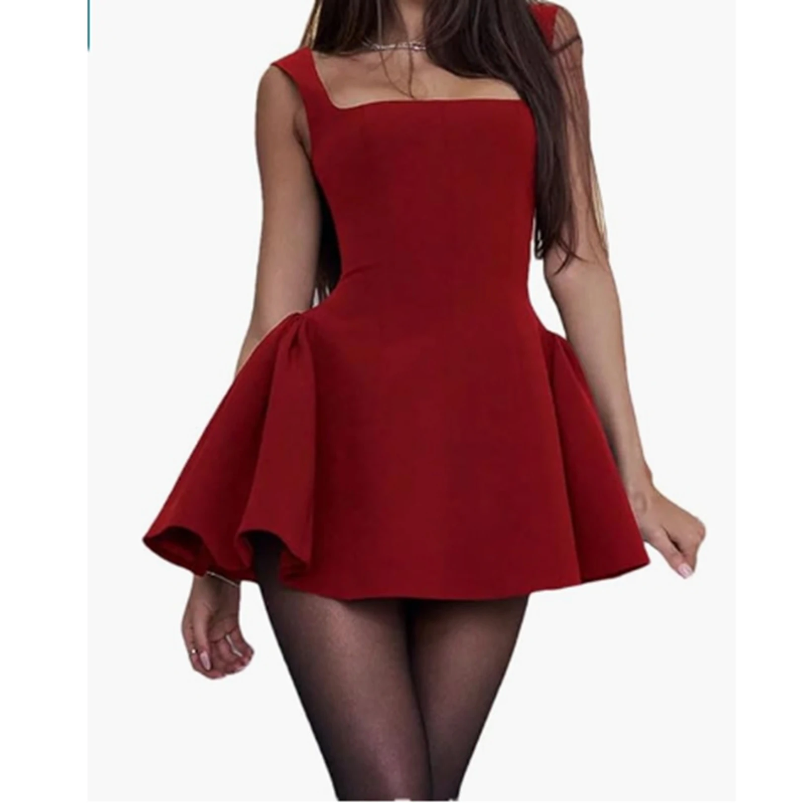 Elegant Women's Soild Puffy Mini Dress Vintage สปาเก็ตตี้ Y2K Nighty ชุด High Street Casual Linghtweight