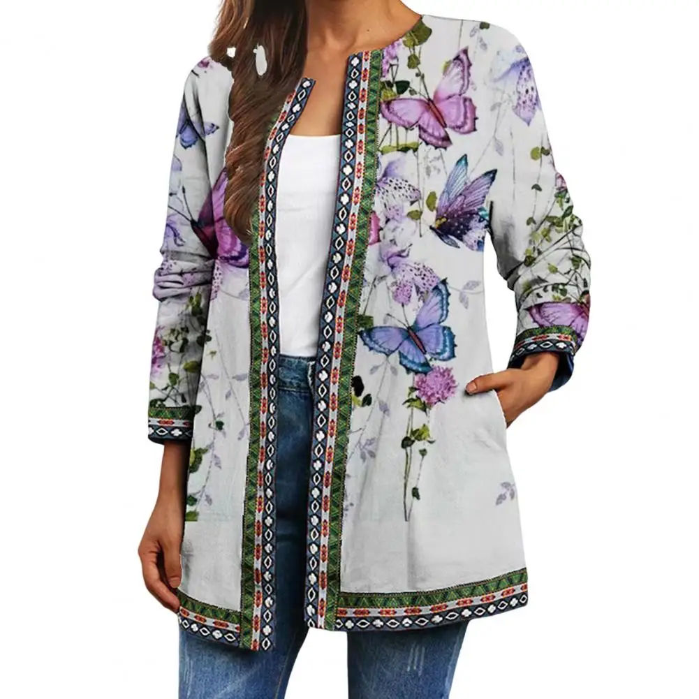 Overcoat for Women Butterfly Print Retro Loose Ethnic Colorful Vintage Cardigan Coat Spring Autumn Jacket