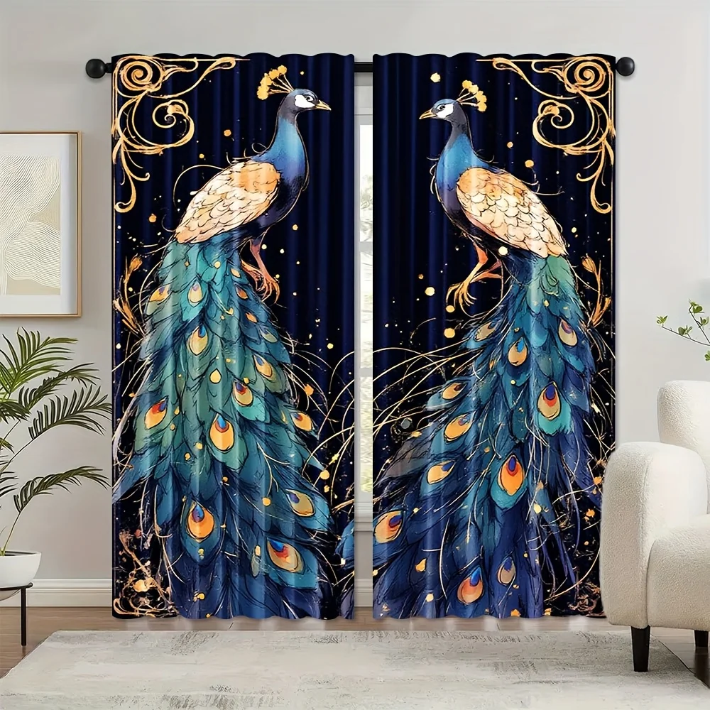 Ornate Peacock Curtain Panels, Gorgeous Peacock Golden Scroll Sparkle Dark Tone Print Drapes for Noble‑Style Apartment Decor