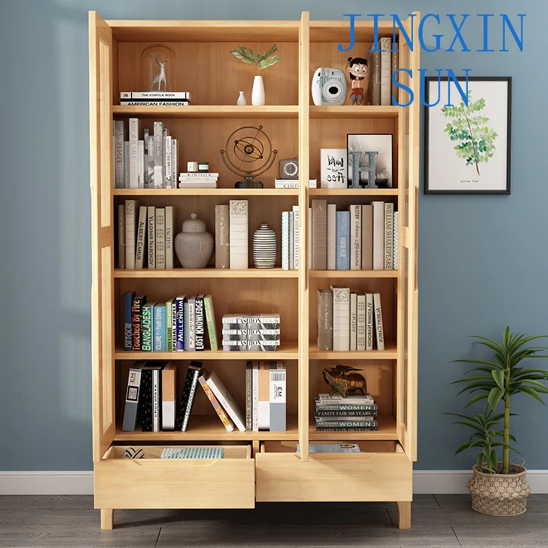 Nordic style solid wood bookcase five doors six doors bookcase simple modern glass door