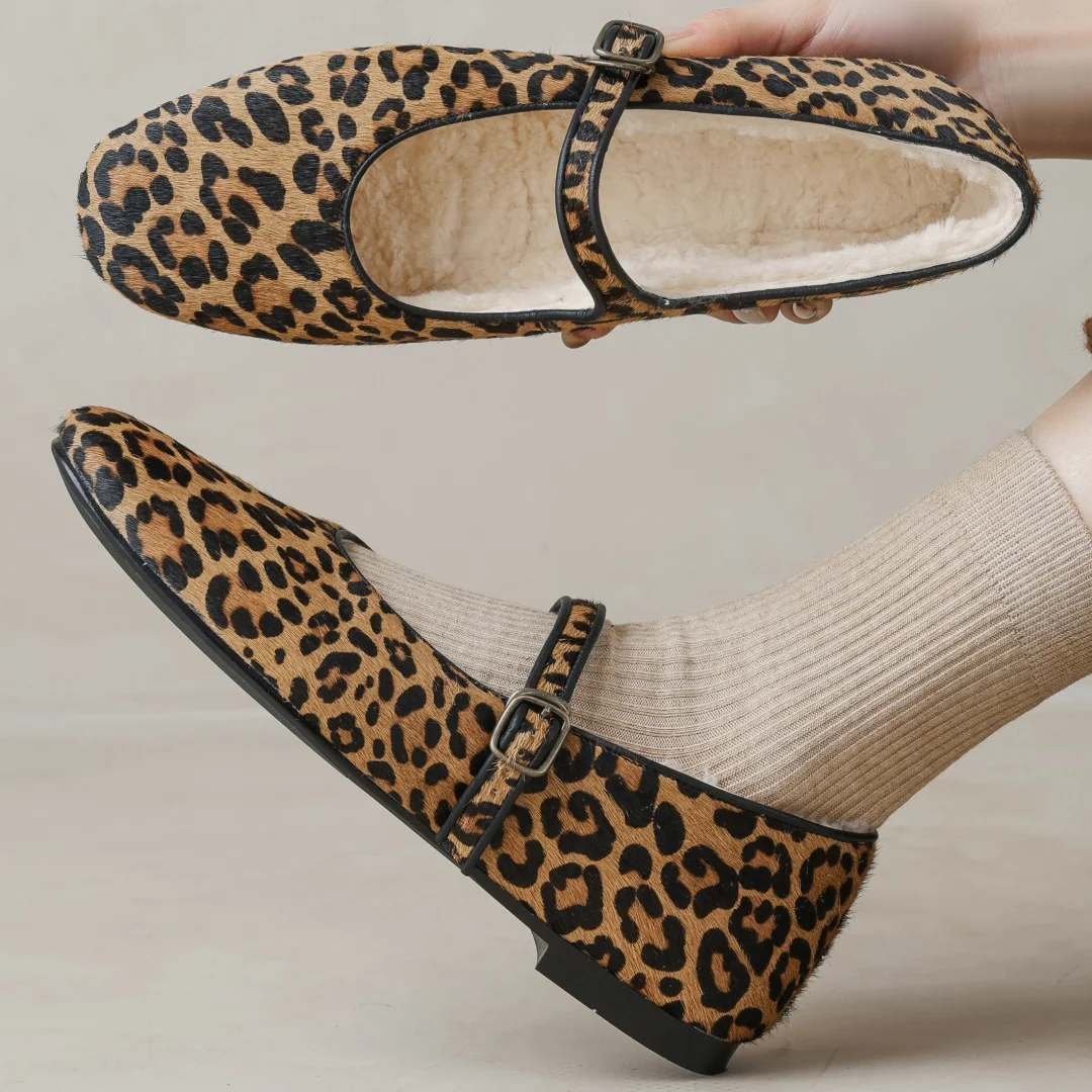 

danxuefei plus size 34-43 women's leopard horsehair metal buckle wool inside winter warm Mary Jane flats high quality soft shoes