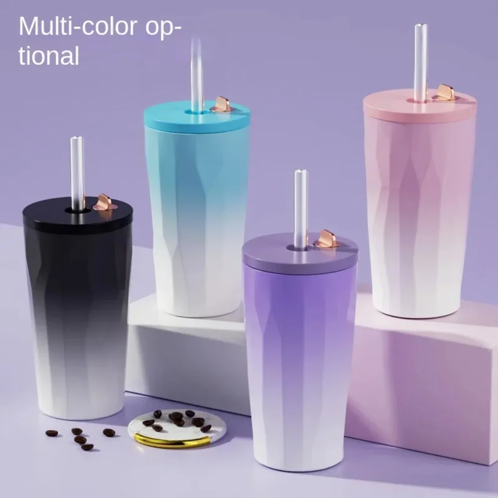 600ml Fashion Gradient Coffee Cup Portable Stainless Steel Water Cup with Straw Heat and Cold Insulation Coffee Gift Cup