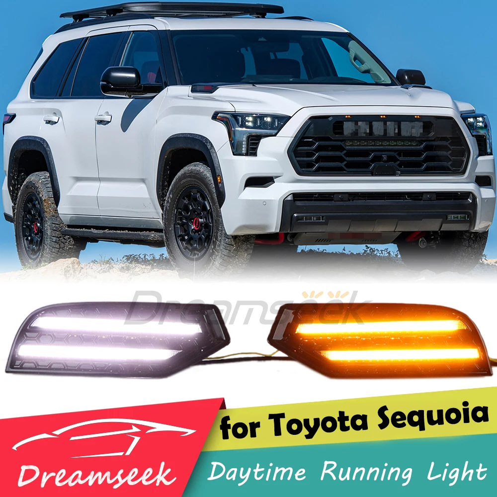 

2x LED DRL Daytime Running Light For Toyota Sequoia XK80 2023+ W/ Dynamic Yellow Turn Signal Front Bumper Driving Fog Lamp Lens