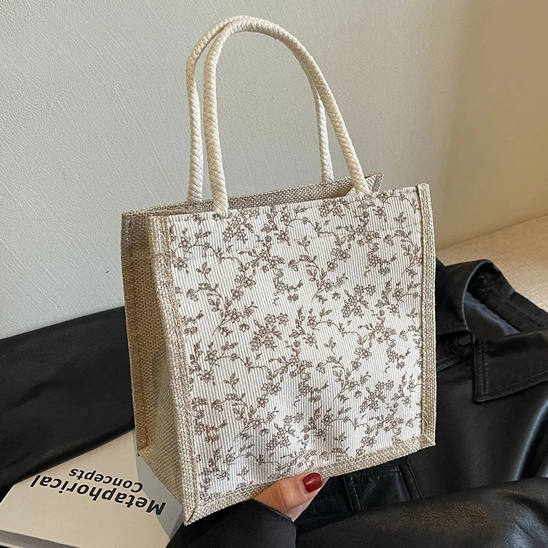 Floral Handheld Lunch Bag, Japanese Girls Canvas Tote Bag, Versatile Commute Handbag for Work Daily Storage Bento Pouch