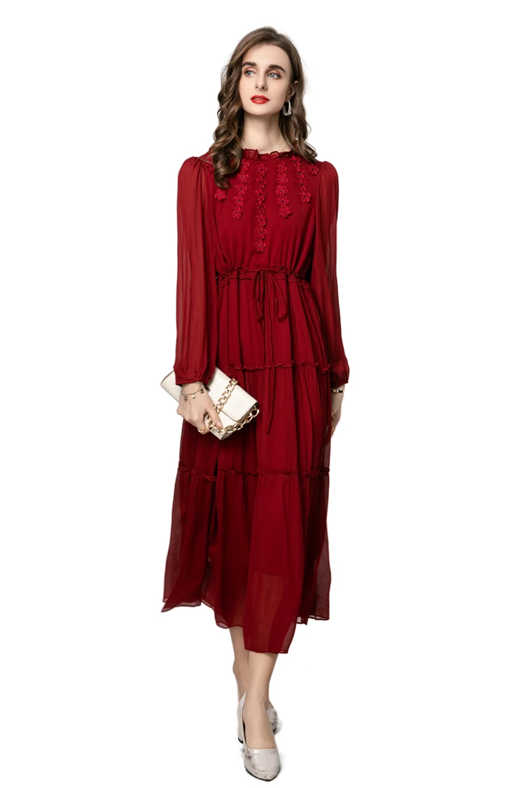 女性のドレス O ネック長袖花柄アップリケエレガントなファッションデザイナーパーティードレス Vestidos