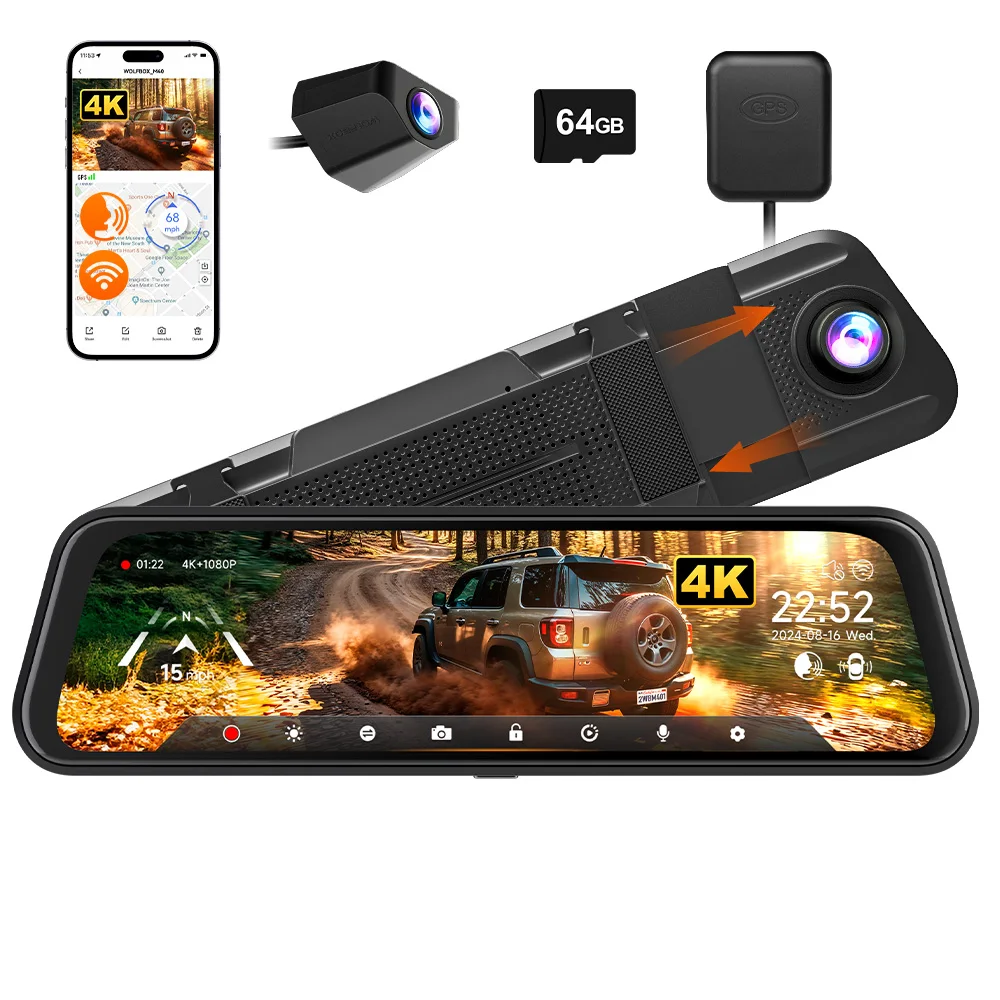 WOLFBOX M40 Dashcam 4K+1080P met spraakbesturing, ADAS, ingebouwde 5GHz wifi en GPS video recorder, voor- en achtercamera