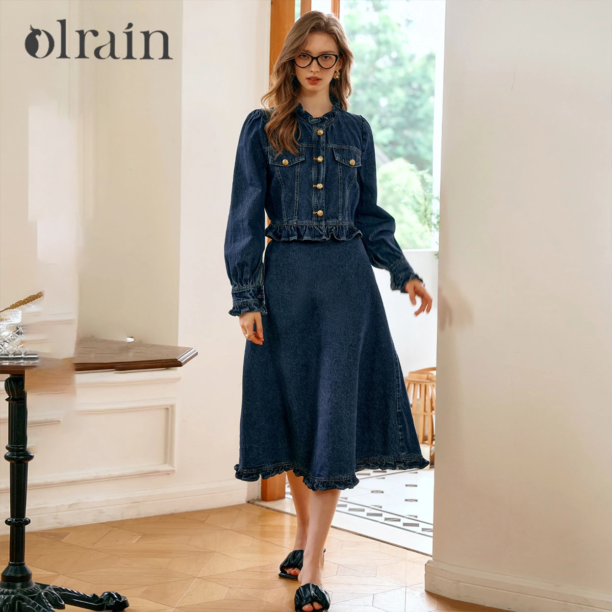 OLrain Women Two-piece Denim Skirt Sets Autumn 2026 Short Ruffles Puff Sleeve Outerwear Vintage A-line Cotton Skirts M56QE68830