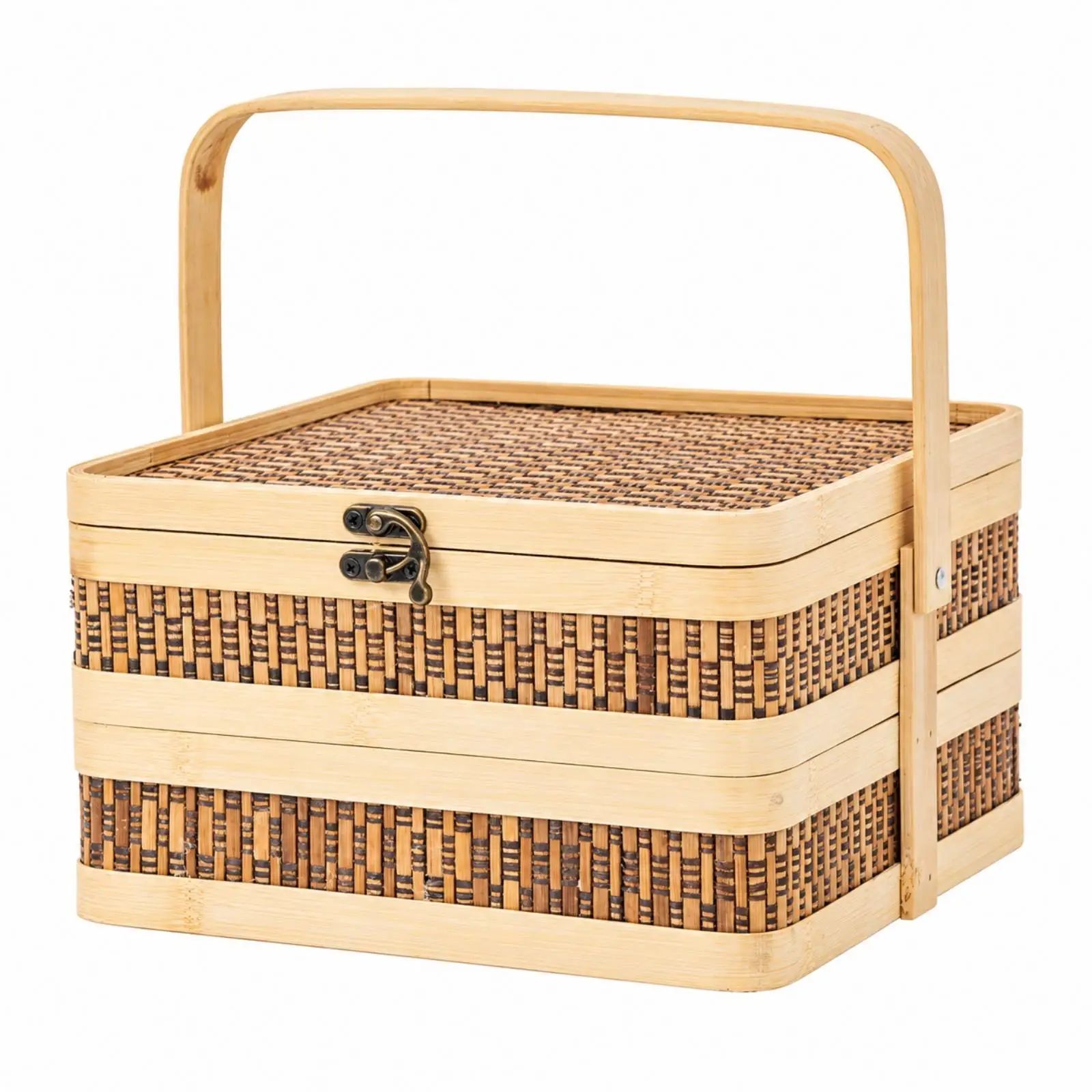 Stackable Bamboo Food Box with Carry Handle Two Layer Gift Box for Mooncakes Snacks Storage