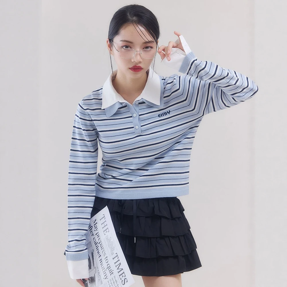 2025 Spring and Autumn Fashion Lady Japanese Style Fake Two-Piece Sweater Women's Polo Collar Knitted Long Sleeve Pullover Top