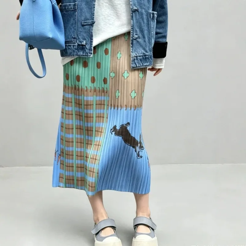 Miyake Pleated Summer New Skirt 2026 Fashion Printed Elastic Waist Back Slit Straight Skirt Women's Lightweight Draped Clothing