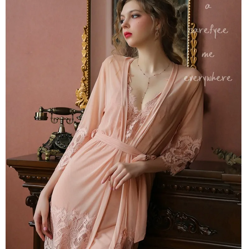 Fashion Sexy Spaghetti Strap Bathrobe Sleeping Dress Womens Pajama Home Suit Set Transparent  Mesh Lace Robe Three Piece Set