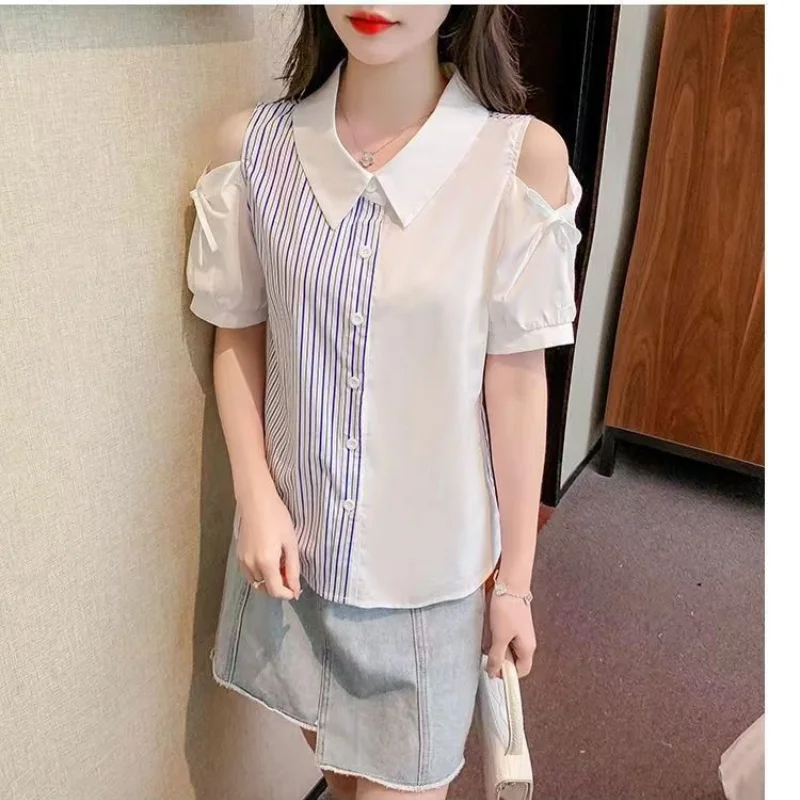 

Женская рубашка-поло в полоску, повседневная универсальная рубашка-поло с короткими рукавами, на пуговицах, весна-лето 2024