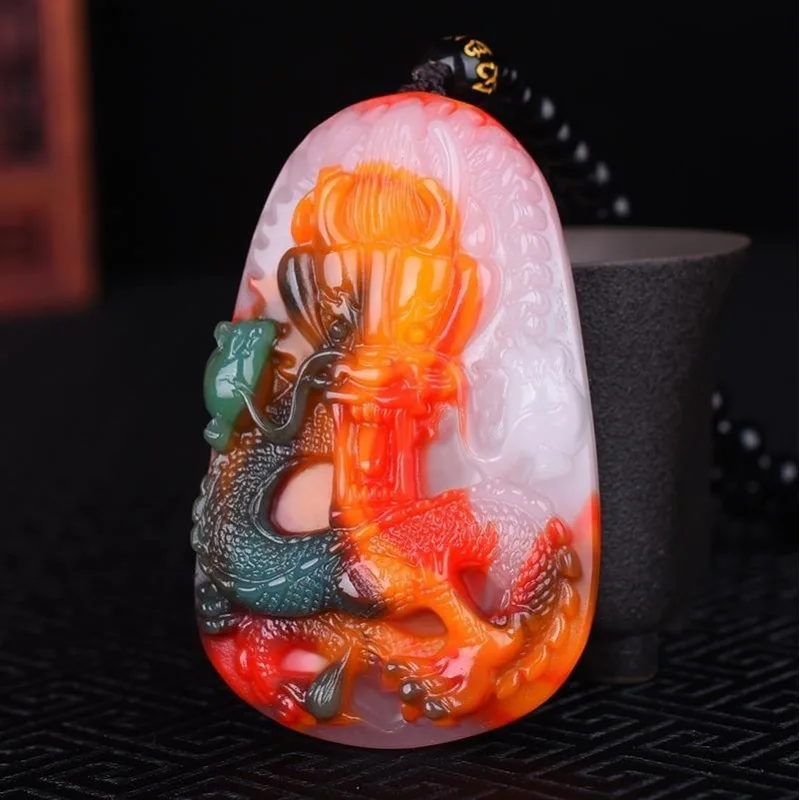 Zodiac dragon pendant, colorful jade dragon brand handle, golden silk yu large dragon fish ruyi yu pendant