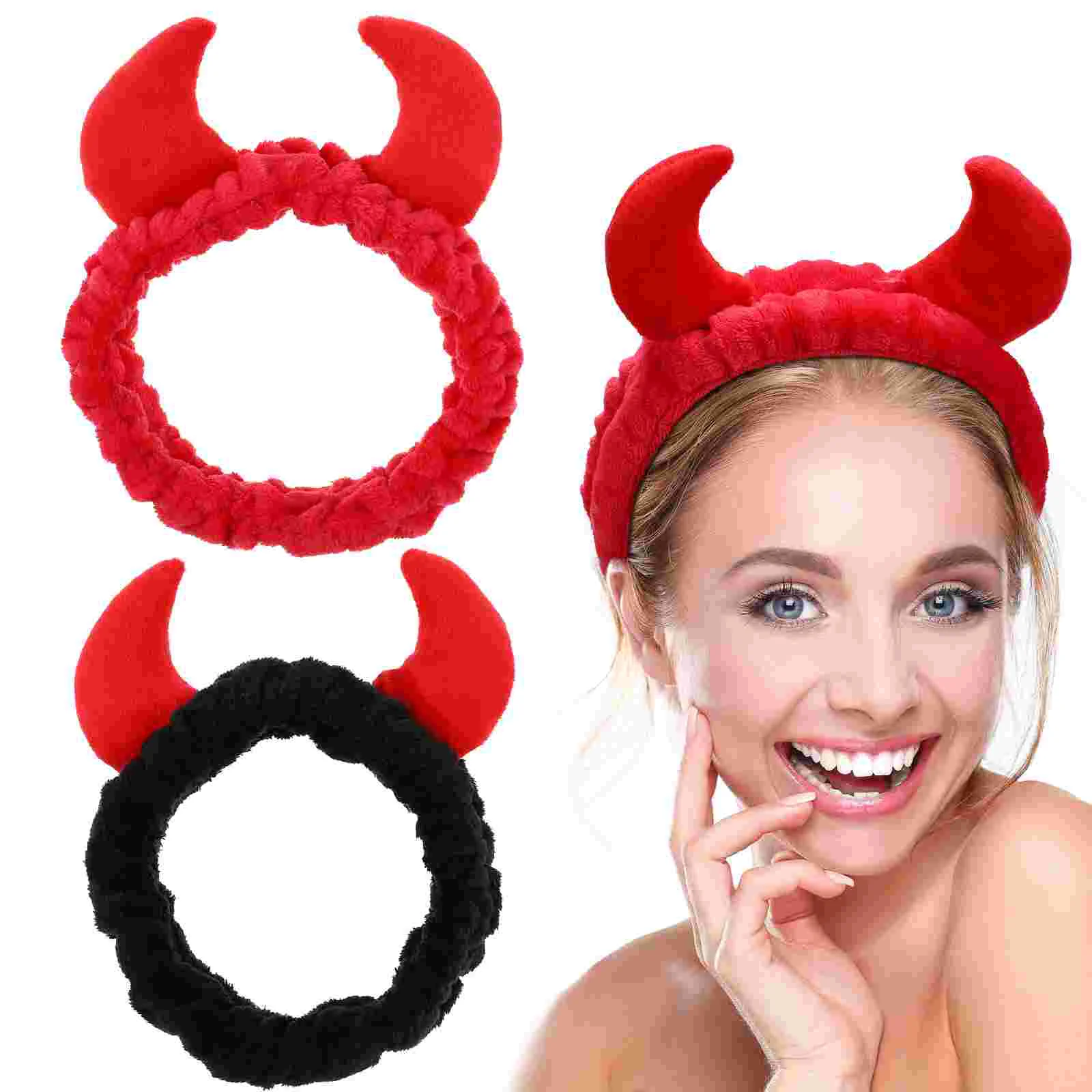 2 uds. Corbata para el pelo para lavado de cara, diademas para niñas, cuernos, maquillaje rojo para mujeres, diademas para el cuidado de la piel, Spa de felpa, demonio, señorita