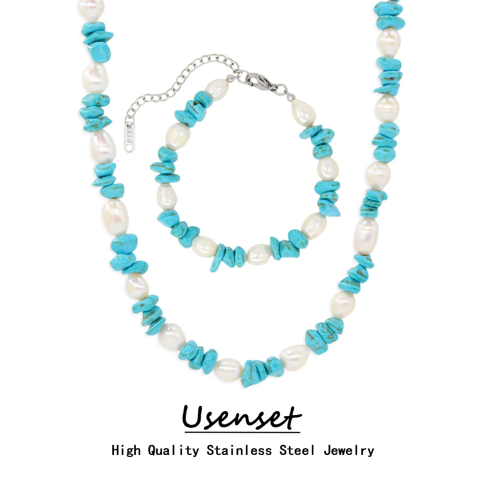 USENSET Light Bule Natural Stone Beads Handmade Stainless Steel Jewelry Set Stylish Chain Jewelry for Women Holiday Gift