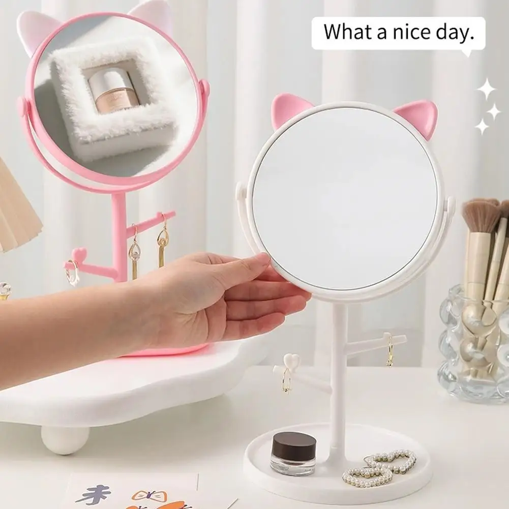 مرآة مكياج بدون إضاءة، مرآة سطح المكتب لطيفة على شكل أذن الدب مع مرآة مكياج لسطح المكتب للتخزين #6