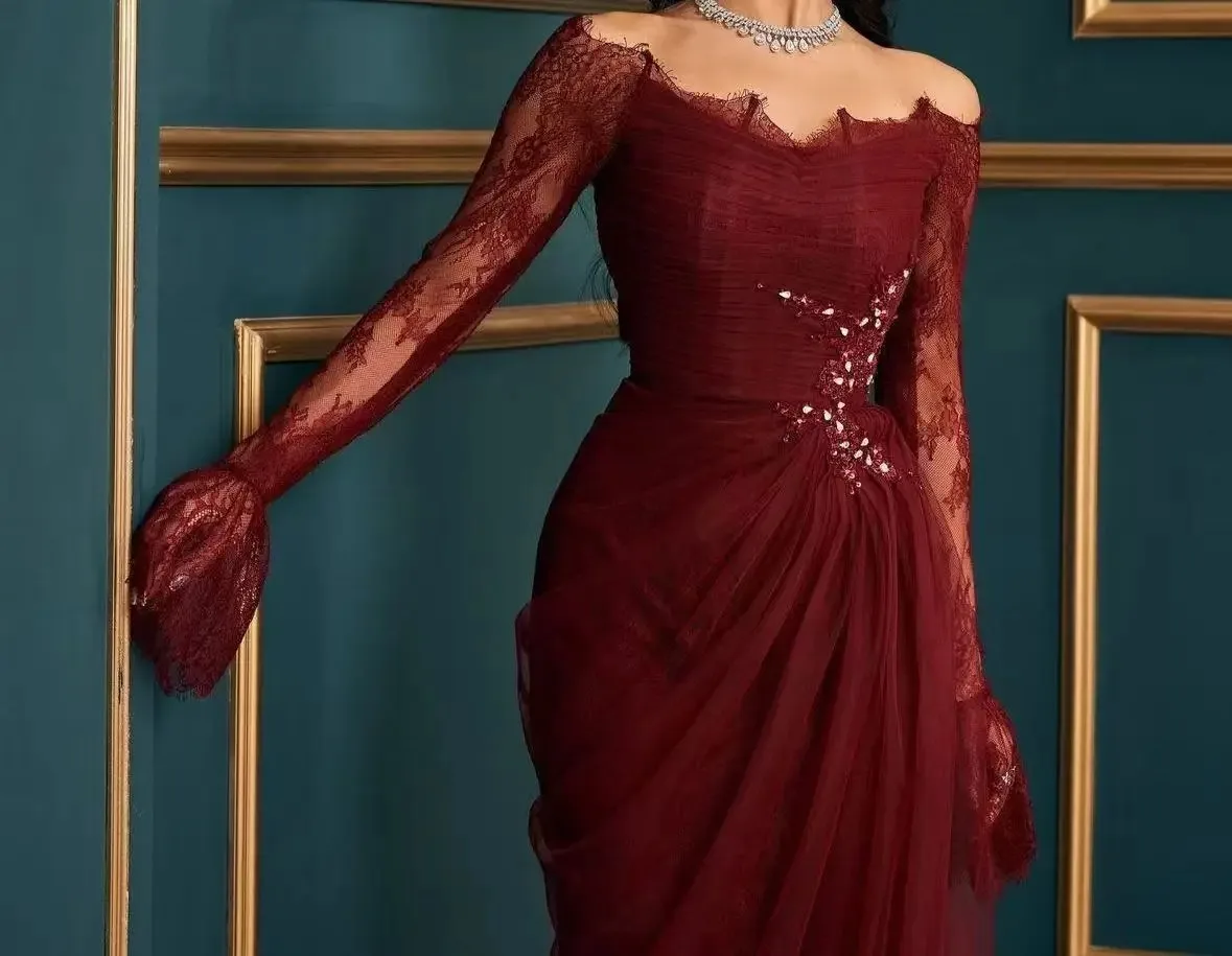 Adeli 맞춤형 사우디 인어 댄스 파티 드레스 긴 소매 레이스 크리스탈 디테일 바닥 길이 정장 이브닝 파티 가운 vestido