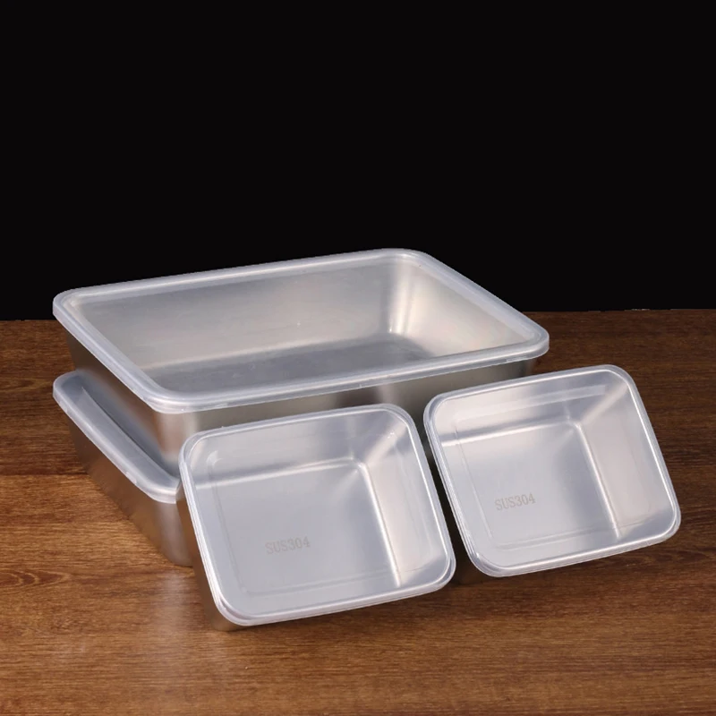 Stainless Steel Plate With Lid Rectangular Food Storage Pan Commercial Dish Tray Large Refreshing Lunch Box Container