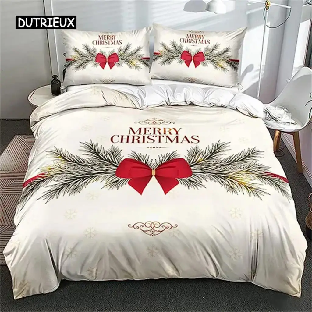 Christmas Duvet Cover Red Bow Pattern Comforter Covers Shams Buff Color Bedding Set Xmas Gift Decorations for Children Women Men