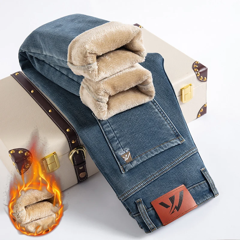 Winter Fleecy Thickened Warm Jeans Vintage Brand Classic Retro Youth Fashion Men Fit Straight Leg Casual Stretch Denim Pants